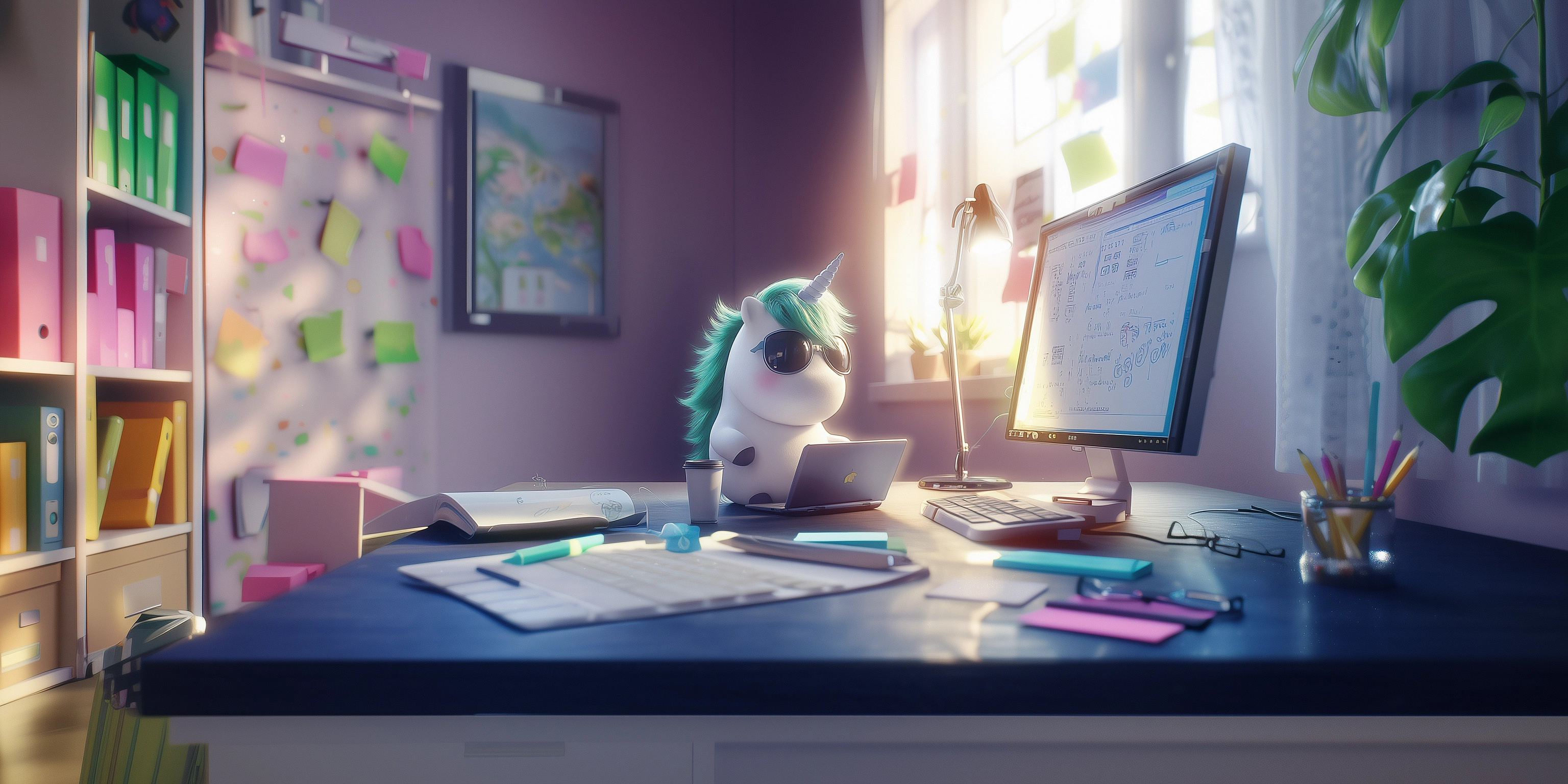 An illustrated mascot wearing sunglasses works at a cluttered, sunlit desk with two monitors and sticky notes.
